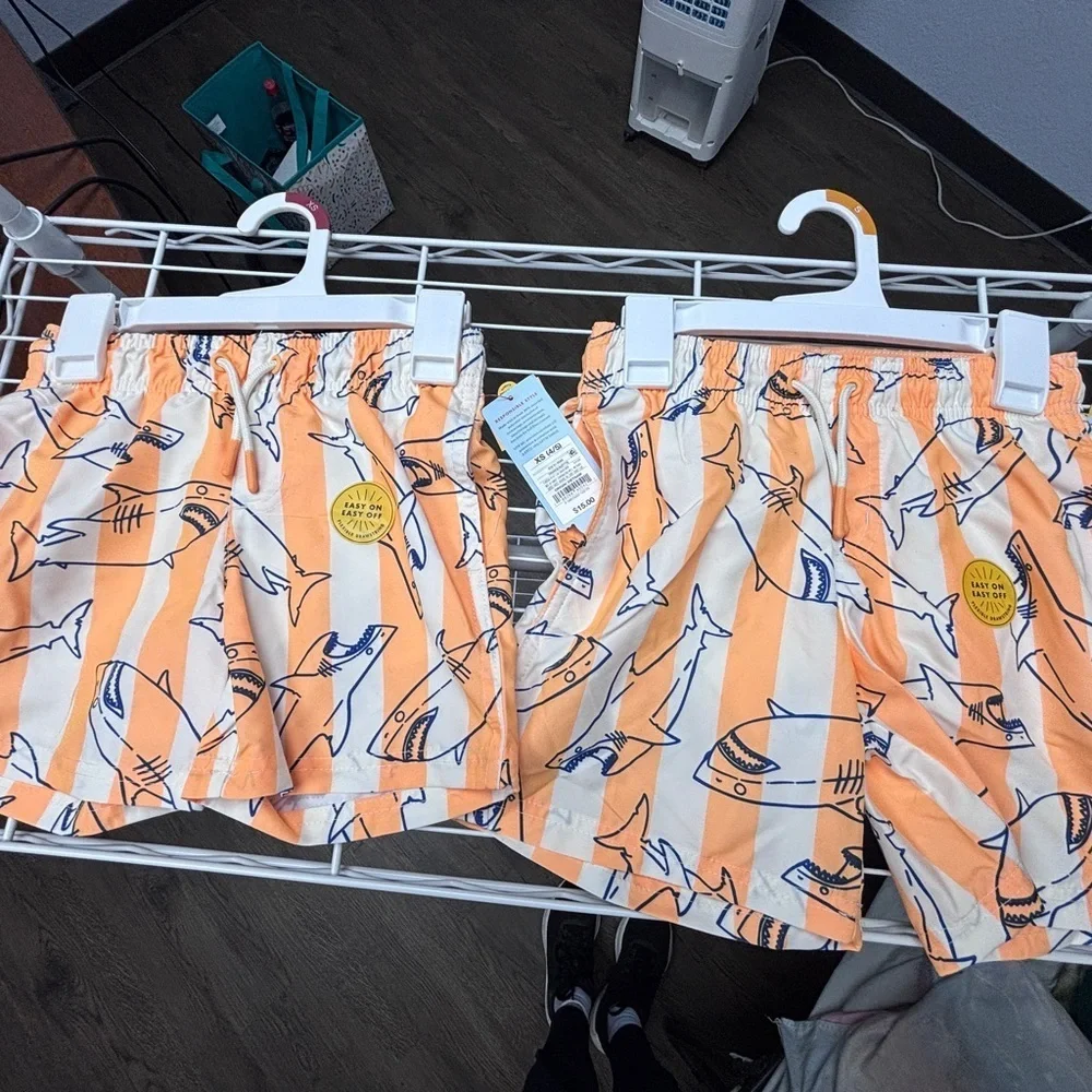 NWT Cat & Jack Irish Twin 4/5yo & 6/7yo JAWS Orange & White Striped Swim Shorts